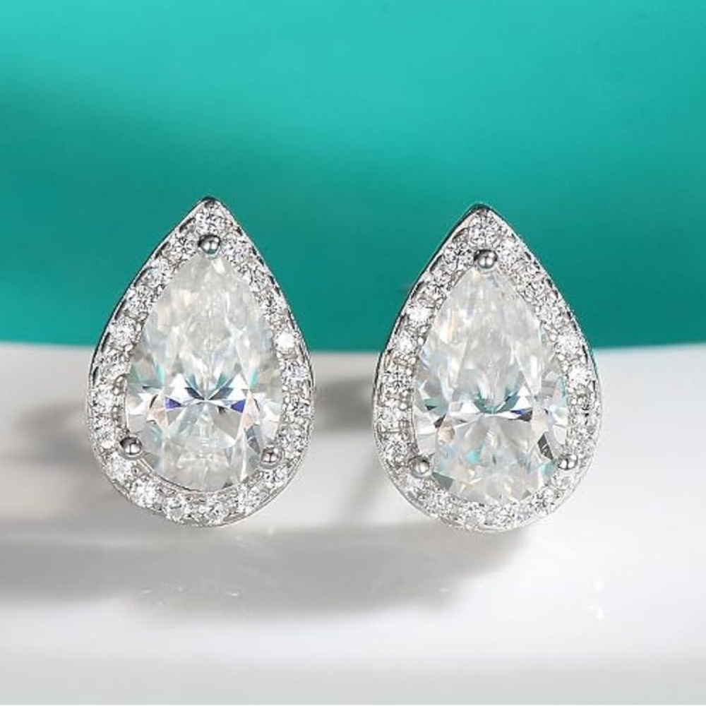 NEW 2 CT Moissanite Diamond Halo Pear Teardrop Stud Earrings